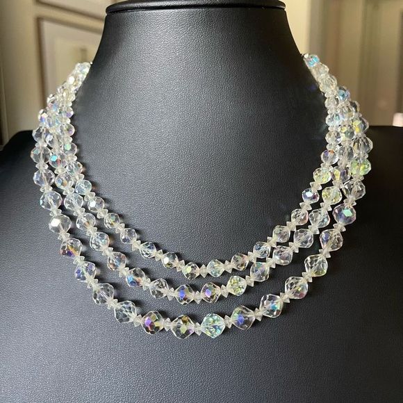 Vintage Triple Strand AB Crystal Beaded Necklace Stunning Art Deco Style Clasp - Picture 6 of 10
